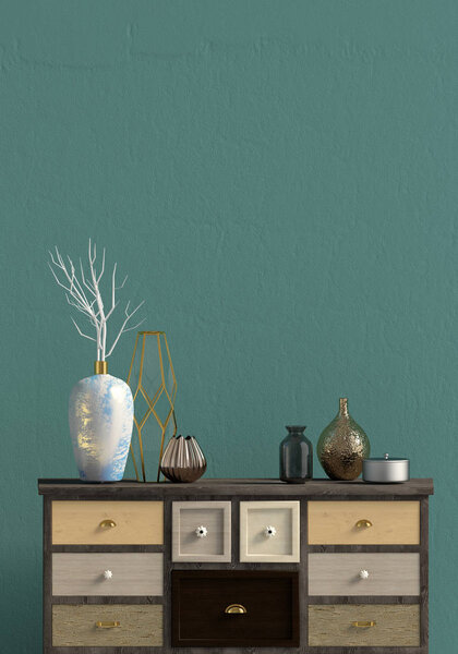 Современный интерьер с комодом. Стена макетирует. 3d иллюстрация.