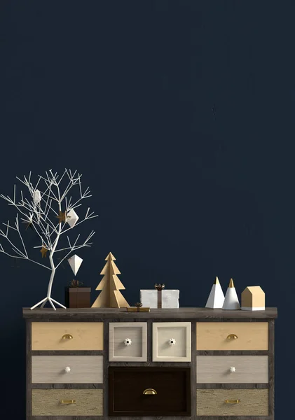 Modern Christmas Interior Dresser Scandinavian Style Wall Mock Illustration — Stock Photo, Image