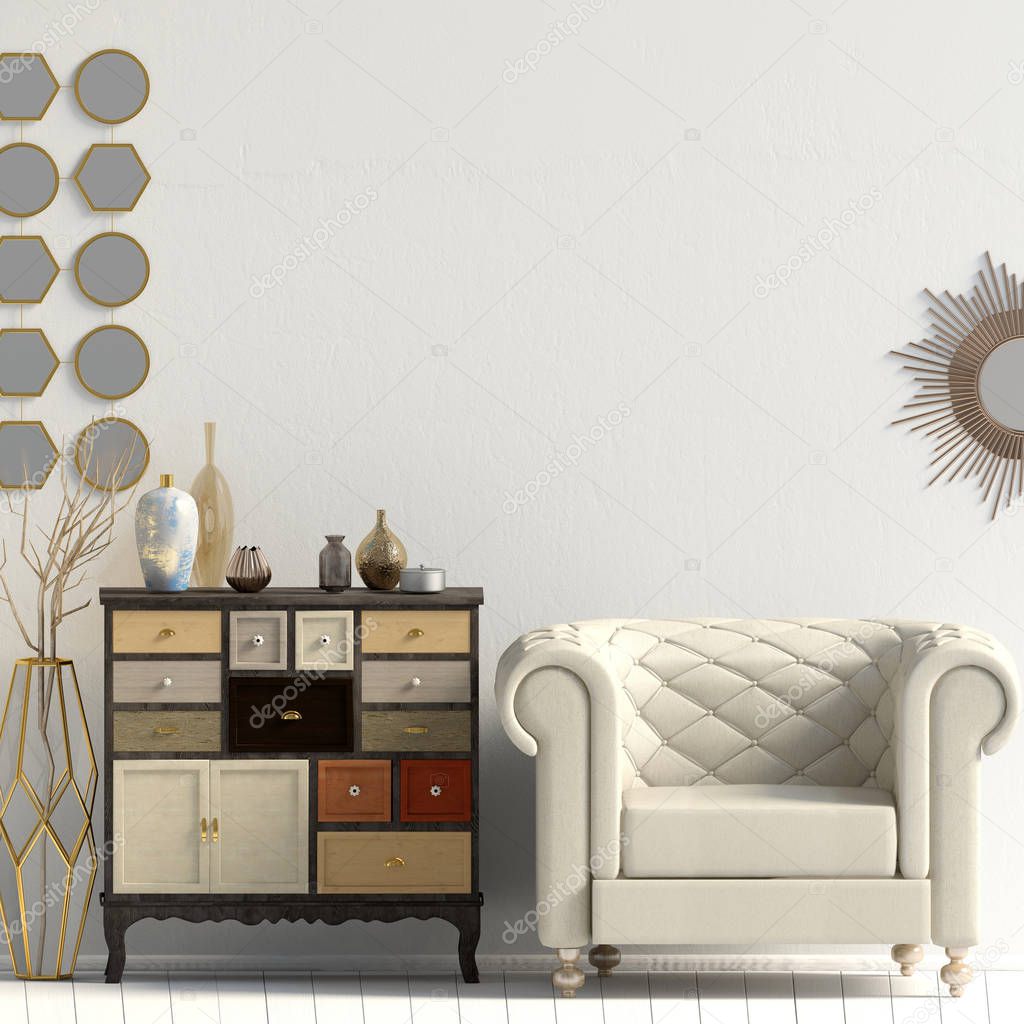 Modern interior with dresser and chair. Wall mock up. 3d illustration.
