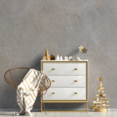 Şifoniyer, İskandinav tarzı ile modern Noel iç. Duvar kadar sahte. 3D çizim