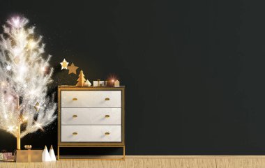 Modern Noel iç şifoniyer ve Noel ağacı, İskandinav tarzı ile. Duvar kadar sahte. 3D çizim