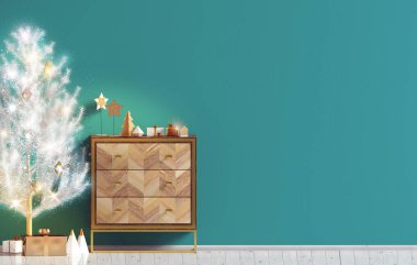 Modern Noel iç şifoniyer ve Noel ağacı, İskandinav tarzı ile. Duvar kadar sahte. 3D çizim