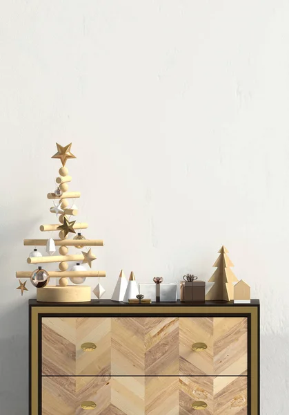 Modern Christmas Interior Dresser Scandinavian Style Wall Mock Illustration — Stock Photo, Image