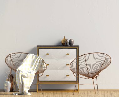 Şifoniyerli modern iç mekan. Duvar modeli. 3d illüstrasyon.