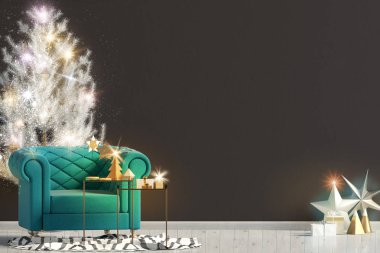 Sandalye, İskandinav tarzı ile modern parlayan Noel iç. Duvar kadar sahte. 3D çizim