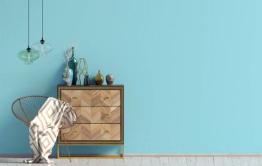 Şifoniyerli modern iç mekan. Duvar modeli. 3d illüstrasyon.