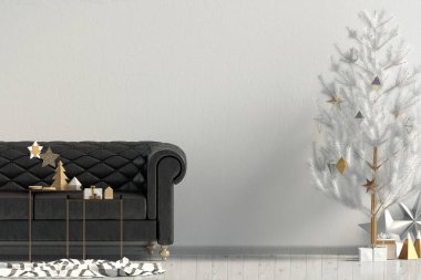 Modern Noel iç kanepe, İskandinav tarzı ile. Duvar kadar sahte. 3D çizim