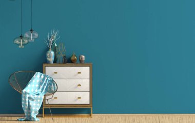 Şifoniyerli modern iç mekan. Duvar modeli. 3d illüstrasyon.