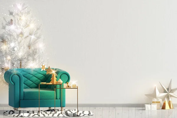 Moderne Stralende Kerst Interieur Met Stoel Scandinavische Stijl Muur Mock — Stockfoto