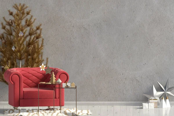 现代圣诞节内饰与椅子 斯堪的纳维亚风格 墙上的模拟 — 图库照片