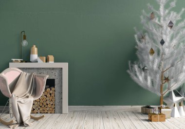 Şömine, İskandinav tarzı ile modern parlayan Noel iç. Duvar kadar sahte. 3D çizim
