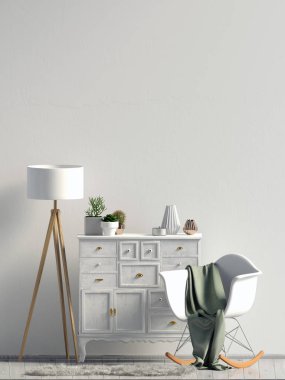Şifoniyerli modern iç mekan. Duvar modeli. 3d illüstrasyon.