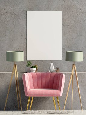 Modern iç kanepe ile. Poster kadar sahte. 3D çizim.