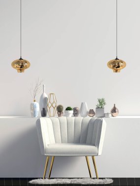 Kanepeli modern iç mekan. Duvar modeli. 3d illüstrasyon.