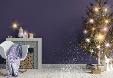 Şömine, İskandinav tarzı ile modern parlayan Noel iç. Duvar kadar sahte. 3D çizim