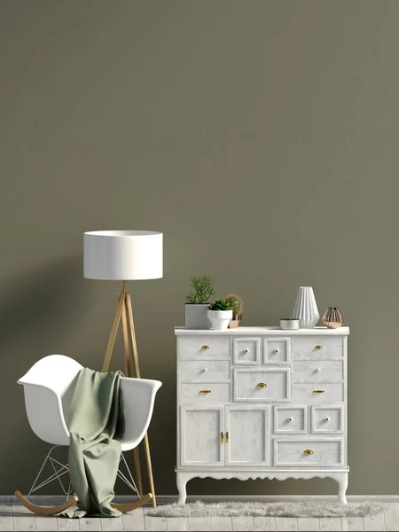 Modern interior with dresser. Wall mock up. 3d illustration.