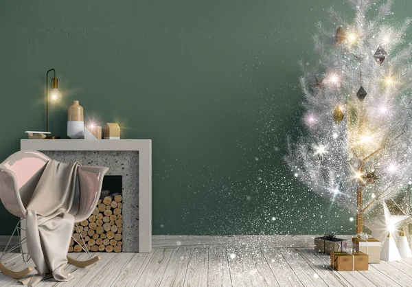 现代闪亮的圣诞内饰与壁炉 斯堪的纳维亚风格 墙上的模拟 — 图库照片