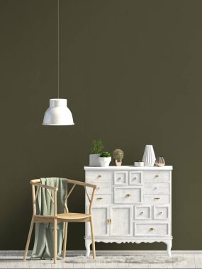 Şifoniyerli modern iç mekan. Duvar modeli. 3d illüstrasyon.