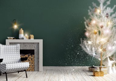 Şömine, İskandinav tarzı ile modern parlayan Noel iç. Duvar kadar sahte. 3D çizim