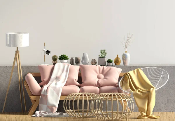 Modern Interieur Met Bank Wandmodel Omhoog Illustratie — Stockfoto