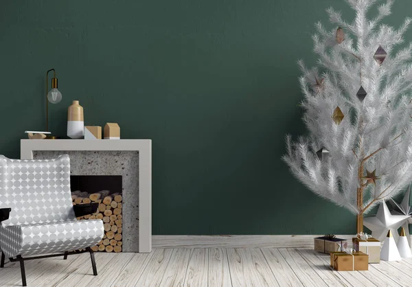 Modern Glänsande Jul Inredning Med Öppen Spis Skandinavisk Stil Vägg — Stockfoto