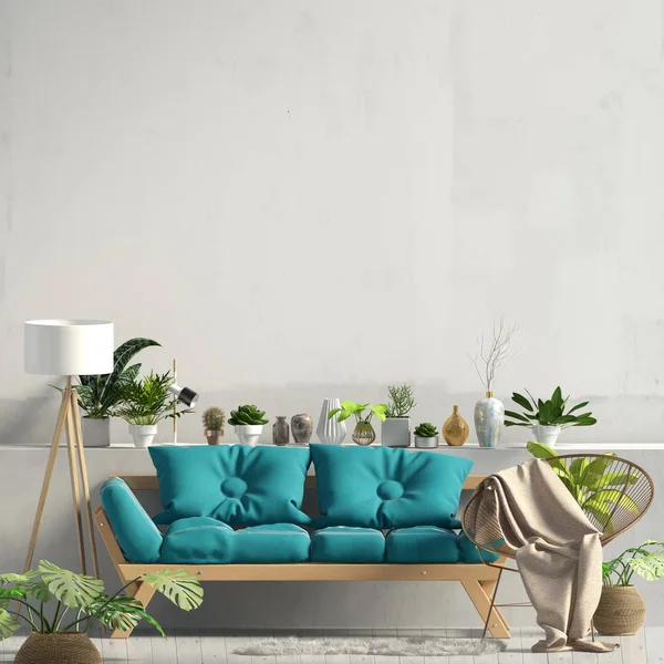 Kanepeli modern iç mekan. Duvar modeli. 3d illüstrasyon.