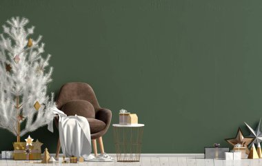 Modern shining Christmas interior with chair, Scandinavian style. Wall mock up. 3D illustration clipart