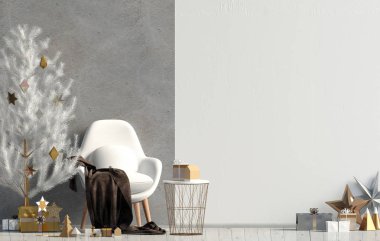 Sandalye, İskandinav tarzı ile modern parlayan Noel iç. Duvar kadar sahte. 3D çizim