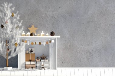 Şömine, İskandinav tarzı ile modern Noel iç. Duvar kadar sahte. 3D çizim