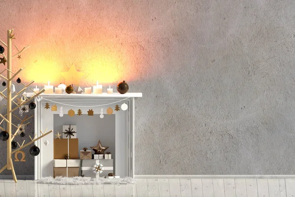现代圣诞内饰与壁炉 斯堪的纳维亚风格 墙在嘲笑 — 图库照片