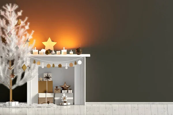 Interior Moderno Navidad Con Chimenea Estilo Escandinavo Pared Burla Ilustración — Foto de Stock