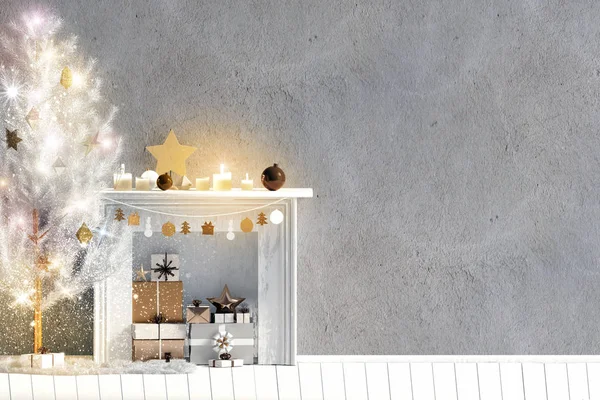 Modernes Weihnachtliches Interieur Mit Kamin Skandinavischen Stil Wandattrappe Auf Illustration — Stockfoto