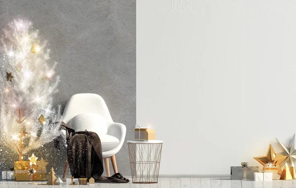 Modern Shining Christmas Interior Chair Scandinavian Style Wall Mock Illustration — Stock Photo, Image