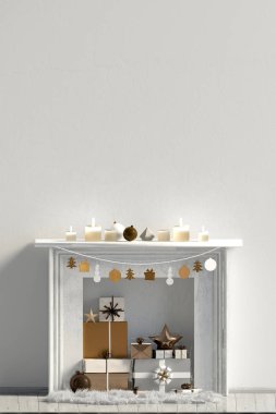 Şömine, İskandinav tarzı ile modern Noel iç. Duvar kadar sahte. 3D çizim