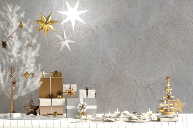 Modern Noel iç, İskandinav tarzı. Duvar kadar sahte. 3D çizim
