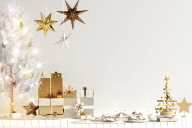 Modern Noel iç, İskandinav tarzı. Duvar kadar sahte. 3D çizim