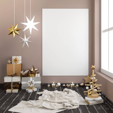 Modern Noel iç, İskandinav tarzı. Poster kadar sahte. 3D çizim
