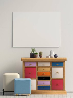 Şifoniyerli modern iç mekan. Poster maketi. 3d illüstrasyon.