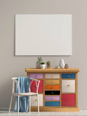 Şifoniyerli modern iç mekan. Poster maketi. 3d illüstrasyon.
