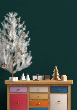 Modern Noel iç şifoniyer ve Noel ağacı, İskandinav tarzı ile. Duvar kadar sahte. 3D çizim