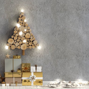 Modern parlayan Noel iç, İskandinav tarzı. Duvar kadar sahte. 3D çizim