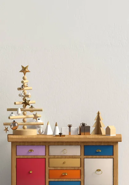 Moderne Weihnachtseinrichtung Mit Kommode Und Weihnachtsbaum Skandinavischen Stil Wandattrappe Auf — Stockfoto