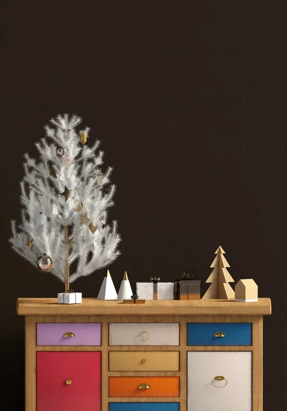 Modern Interieur Van Kerst Met Dressoir Kerstboom Scandinavische Stijl Muur — Stockfoto