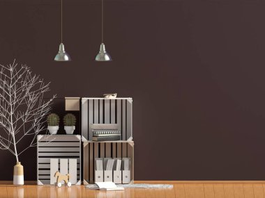 Tarzı modern iç İskandinav, depolama için bir yer. 3D çizim. Duvar kadar sahte