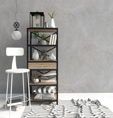 Tarzı modern iç İskandinav, depolama için bir yer. 3D çizim. Duvar kadar sahte