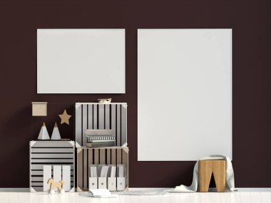 Modern iç, İskandinav tarzı. Poster kadar sahte. 3D çizim