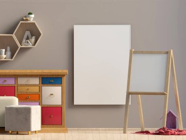 Pastel çocuk odası. Oyun Odası. modern tarz. 3D çizim. Poster kadar sahte 