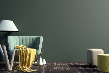 Kanepeli modern iç mekan. Duvar modeli. 3d illüstrasyon.