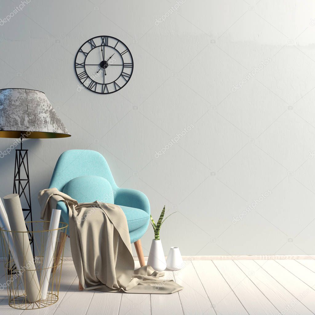 Modern interior with chair. Wall mock up. 3d illustration.