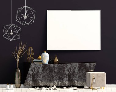 İç tasarım çağdaş tarzda. Posteri düzenle. 3B illüstrasyon.